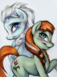 Size: 500x674 | Tagged: safe, artist:carlotta-guidicelli, anna, blushing, braid, crossover, elsa, freckles, frozen (movie), looking at you, ponified, profile, raised hoof, smiling