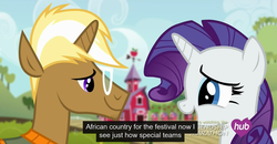 Size: 1600x830 | Tagged: safe, screencap, rarity, trenderhoof, pony, unicorn, g4, simple ways, africa, female, hub logo, male, mare, meme, stallion, sweet apple acres, youtube caption