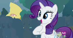 Size: 1152x609 | Tagged: safe, screencap, rarity, g4, simple ways, hub logo, meme, youtube caption