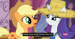 Size: 1600x830 | Tagged: safe, screencap, applejack, rarity, g4, simple ways, hub logo, india, meme, youtube caption