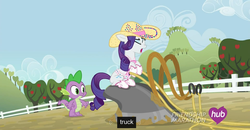 Size: 1600x830 | Tagged: safe, screencap, rarity, spike, g4, simple ways, meme, plow, rhinestone rarihick, truck, youtube caption