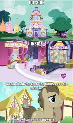 Size: 1091x1833 | Tagged: safe, screencap, derpy hooves, doctor whooves, fluttershy, pinkie pie, rainbow dash, rarity, time turner, twilight sparkle, alicorn, pegasus, pony, g4, simple ways, carousel boutique, female, hay bale, image macro, mare, tardis, twilight sparkle (alicorn)