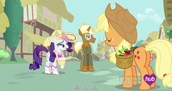 Size: 1152x609 | Tagged: safe, screencap, applejack, rarity, trenderhoof, earth pony, pony, unicorn, g4, simple ways, female, male, mare, meme, rhinestone rarihick, stallion, youtube caption