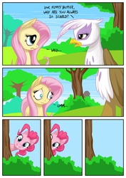 Size: 1100x1556 | Tagged: safe, artist:mysticalpha, fluttershy, gilda, pinkie pie, griffon, g4, comic, commission, grin, looking at you, observer, scared, smiling, wide eyes