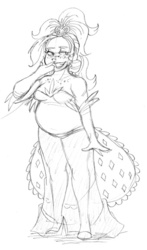 Size: 340x580 | Tagged: safe, artist:ssakurai, applejack, human, g4, applejewel, chubby, clothes, dress, female, freckles, humanized, monochrome, pencil drawing, plump, solo, traditional art