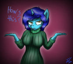 Size: 1075x939 | Tagged: safe, artist:tunderi, oc, oc only, anthro, anthro oc, breasts, clothes, female, solo, sweater, turtleneck