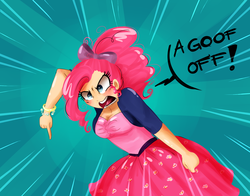 Size: 2552x2000 | Tagged: safe, artist:cosmicponye, pinkie pie, human, g4, pinkie pride, angry, bow, clothes, dialogue, dress, female, goof off, hair bow, humanized, light skin, open mouth, ponytail, scene interpretation, solo