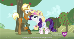 Size: 1151x609 | Tagged: safe, screencap, rarity, trenderhoof, pony, unicorn, g4, simple ways, duo, female, male, mare, meme, rhinestone rarihick, stallion, youtube caption