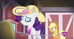 Size: 1152x608 | Tagged: safe, screencap, applejack, rarity, g4, simple ways, meme, rhinestone rarihick, youtube caption