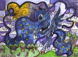 Size: 6556x4824 | Tagged: safe, artist:nightrosi, princess luna, oc, g4, absurd resolution, night, stained glass, traditional art