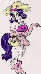 Size: 811x1445 | Tagged: safe, artist:newyorkx3, rarity, anthro, plantigrade anthro, g4, my little pony: friendship is magic, simple ways, basket, clothes, dress, evening gloves, female, gloves, hat, rhinestone rarihick, solo, traditional art