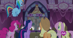 Size: 1152x606 | Tagged: safe, screencap, applejack, fluttershy, pinkie pie, rainbow dash, twilight sparkle, alicorn, pony, g4, simple ways, female, mare, meme, twilight sparkle (alicorn), youtube caption