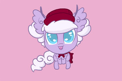Size: 1800x1200 | Tagged: safe, oc, oc only, oc:dandelion, mothpony, original species, cape, christmas, clothes, female, filly, fluffy, hat, looking at you, looking up, looking up at you, moth pony general, open mouth, sitting, smiling, solo