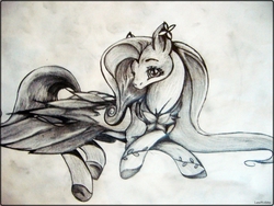 Size: 2560x1920 | Tagged: safe, artist:lunawolfehx, fluttershy, g4, clothes, dress, female, monochrome, solo, traditional art