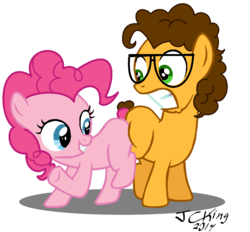 Size: 1048x974 | Tagged: safe, artist:jcking101, cheese sandwich, pinkie pie, earth pony, pony, g4, base used, butt bump, butt to butt, butt touch, colt, colt cheese sandwich, female, filly, filly pinkie pie, glasses, grin, gritted teeth, male, ship:cheesepie, smiling, straight, teeth, younger