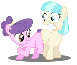 Size: 1056x892 | Tagged: safe, artist:jcking101, coco pommel, suri polomare, earth pony, pony, g4, base used, butt bump, butt to butt, butt touch, female, filly, filly coco pommel, filly suri polomare, grin, gritted teeth, smiling, teeth