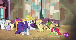 Size: 1152x609 | Tagged: safe, screencap, apple bloom, dinky hooves, noi, rarity, scootaloo, sweetie belle, g4, simple ways, hub logo, meme, rarihick, tail, tail hole, youtube caption