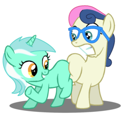Size: 984x908 | Tagged: safe, artist:jcking101, bon bon, lyra heartstrings, sweetie drops, earth pony, pony, unicorn, g4, base used, butt bump, butt to butt, butt touch, duo, female, filly, glasses, grin, gritted teeth, no tail, simple background, smiling, teeth, twisted bon bon, white background