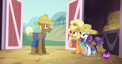 Size: 1152x609 | Tagged: safe, screencap, applejack, rarity, trenderhoof, earth pony, pony, unicorn, g4, simple ways, applejewel, female, male, mare, meme, rarihick, stallion, trio, youtube caption