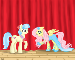 Size: 2000x1600 | Tagged: safe, artist:elana-louise, coco pommel, fluttershy, earth pony, pony, g4, clothes, dress, duo, smiling, stage