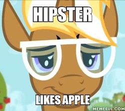 Size: 380x337 | Tagged: safe, trenderhoof, pony, unicorn, g4, simple ways, apple (company), hipster, image macro, male, pun, stallion