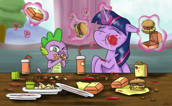 Size: 1400x860 | Tagged: safe, artist:mlj-lucarias, spike, twilight sparkle, alicorn, dragon, pony, g4, twilight time, burger, eating, fast food, female, food, magic, male, mare, messy, messy eating, nachos, onion horseshoes, scene parody, table, that pony sure does love burgers, twilight burgkle, twilight sparkle (alicorn)