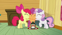 Size: 500x281 | Tagged: safe, apple bloom, scootaloo, sweetie belle, g4, alcohol, cutie mark crusaders, jagermeister