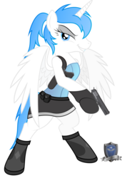 Size: 4340x6356 | Tagged: safe, artist:abydos91, oc, oc only, alicorn, pony, absurd resolution, alicorn oc, bipedal, clothes, commission, female, gun, handgun, hooves, horn, m1911, mare, parody, pistol, resident evil, simple background, solo, spread wings, teeth, transparent background, valentine, weapon, wings