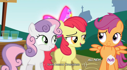 Size: 640x355 | Tagged: safe, screencap, apple bloom, scootaloo, sweetie belle, earth pony, pegasus, pony, unicorn, g4, twilight time, cutie mark crusaders, female, filly, grin, meme, raised eyebrow, smiling, spread wings, youtube caption