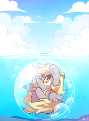 Size: 1000x1350 | Tagged: safe, derpy hooves, fish, pegasus, pony, g4, bottled character, bubble, chibi, cloud, crepuscular rays, cute, female, flowing mane, flowing tail, mare, ocean, outdoors, sky, solo, sunlight, swimming, tail, underwater, water