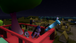 Size: 1364x768 | Tagged: safe, artist:drgamer7065, spike, twilight sparkle, pony, unicorn, g4, 3d, gmod, golden oaks library, night, ponyville, stars, telescope, tree