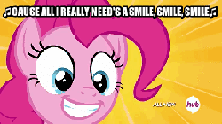 Size: 288x162 | Tagged: safe, edit, edited screencap, screencap, fluttershy, pinkie pie, earth pony, pegasus, pony, filli vanilli, g4, season 4, :d, animated, crying, d:, derp, faic, female, frown, grin, hub logo, hubble, image macro, lip bite, mare, meme, music notes, open mouth, scared, shrunken pupils, smile smile smile, smile song, smiling, sunburst background, talking, teary eyes, terror, text, the hub, wide eyes