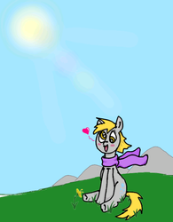 Size: 475x609 | Tagged: safe, artist:bronyponyguy, derpy hooves, pegasus, pony, g4, clothes, female, flower, grass, heart, mare, mountain, scarf, simple background, smiling, solo, sun, wind