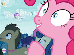 Size: 495x368 | Tagged: safe, screencap, bon bon, cotton (g4), doctor whooves, dusky grape, ghostberry, pinkie pie, sweetie drops, time turner, twirly, breezie, earth pony, pony, g4, it ain't easy being breezies, background pony, hub logo, hub network, logo, smiling, the hub, unnamed breezie, unnamed character, wide eyes