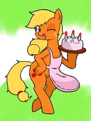 Size: 600x800 | Tagged: safe, artist:tebasaki, applejack, earth pony, pony, g4, apron, bipedal, cake, clothes, female, pixiv, solo, wink