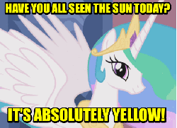 Size: 439x318 | Tagged: safe, screencap, princess celestia, a charming birthday, g3, g4, adventure in the comments, animated, captain obvious, corny, female, gif, image macro, meme, no shit sherlock, solo, twiface, wrong neighborhood, yellow text, you don't say
