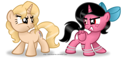 Size: 1024x516 | Tagged: safe, artist:aleximusprime, taralicious, oc, oc only, oc:rina-chan, alicorn, pony, unicorn, alicorn oc, bow, clash of the twilights, competition, female, kira buckland, mare, rina-chan, simple background, tara strong, transparent background, voice actor