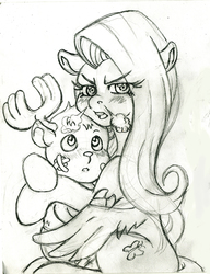 Size: 922x1200 | Tagged: safe, artist:irie-mangastudios, fluttershy, g4, choppershy, crossover, crossover shipping, female, hug, interspecies, male, monochrome, one piece, pencil drawing, snorting, straight, the stare, tony tony chopper