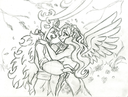 Size: 1200x907 | Tagged: safe, artist:irie-mangastudios, fluttershy, anthro, g4, choppershy, clothes, crossover, crossover shipping, dancing, dress, female, gala dress, horn point, interspecies, male, monochrome, one piece, pencil drawing, straight, tony tony chopper
