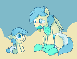 Size: 1280x978 | Tagged: safe, artist:cuddlehooves, oc, oc only, oc:cobalt arrow, pony, adult foal, baby, baby pony, bib, blushing, booties, diaper, diaper fetish, foal, non-baby in diaper, pacifier, poofy diaper, self ponidox, sitting