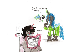 Size: 1902x1370 | Tagged: safe, artist:makahin, king sombra, queen chrysalis, g4, bathrobe, bed mane, clothes, coffee, female, glasses, male, newspaper, reading, robe, ship:chrysombra, shipping, straight, unholy matrimony, yawn