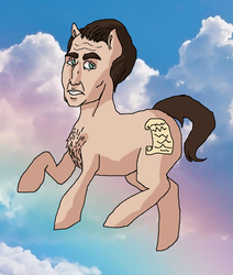 Size: 985x1162 | Tagged: safe, artist:ponyboogers, earth pony, pony, chest hair, declaration of independence, eldritch abomination, human face, nicolas cage, nicolas cage is best pony, ponified, rainbow, solo, what has science done, wtf