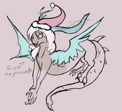 Size: 1106x1008 | Tagged: safe, artist:jazzteeth, discord, draconequus, g4, christmas, eris, happy, hat, holiday, present, rule 63, santa hat, solo