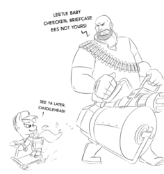 Size: 869x920 | Tagged: safe, artist:lowkey, scootaloo, human, g4, crossover, heavy (tf2), monochrome, scootachicken, scout (tf2), scoutaloo, team fortress 2