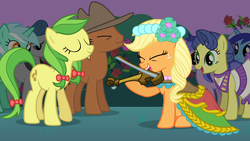 Size: 1920x1080 | Tagged: safe, screencap, apple fritter, applejack, lyra heartstrings, masquerade, meadow song, minuette, orion, sea swirl, seafoam, shooting star (character), earth pony, pony, unicorn, a canterlot wedding, g4, apple family member, clothes, dress, eyes closed, fiddle, hoof hold, mouth hold, musical instrument, sitting, smiling, violin