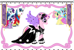 Size: 610x410 | Tagged: safe, fluttershy, princess cadance, rainbow dash, rarity, shining armor, a canterlot wedding, g4, clothes, dress, game, goth