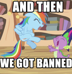 Size: 395x404 | Tagged: safe, edit, edited screencap, screencap, rainbow dash, spike, twilight sparkle, pony, unicorn, g4, it's about time, banned, book, cropped, duo focus, golden oaks library, image macro, ladder, laughing, meme, offscreen character, unicorn twilight