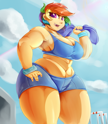Size: 875x1000 | Tagged: dead source, safe, artist:sirmasterdufel, rainbow dash, human, g4, armpits, belly button, breasts, busty rainbow dash, clothes, female, humanized, muscles, rainbowhips, rainbuff dash, solo, sports bra, sports shorts, stout, strong fat, wide hips, workout outfit