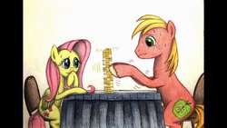 Size: 1191x670 | Tagged: safe, artist:thefriendlyelephant, big macintosh, fluttershy, earth pony, pegasus, pony, g4, chair, everfree northwest, everfree northwest 2013, female, jenga, male, nervous, ponified, scene interpretation, ship:fluttermac, shipping, straight, sweat, table, tabletop game, traditional art, trembling, unstable