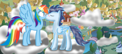 Size: 3560x1600 | Tagged: safe, artist:daga000, rainbow dash, soarin', g4, blushing, cloud, cloudy, female, kissing, male, old cutie mark, ponyville, ship:soarindash, shipping, straight, wingboner